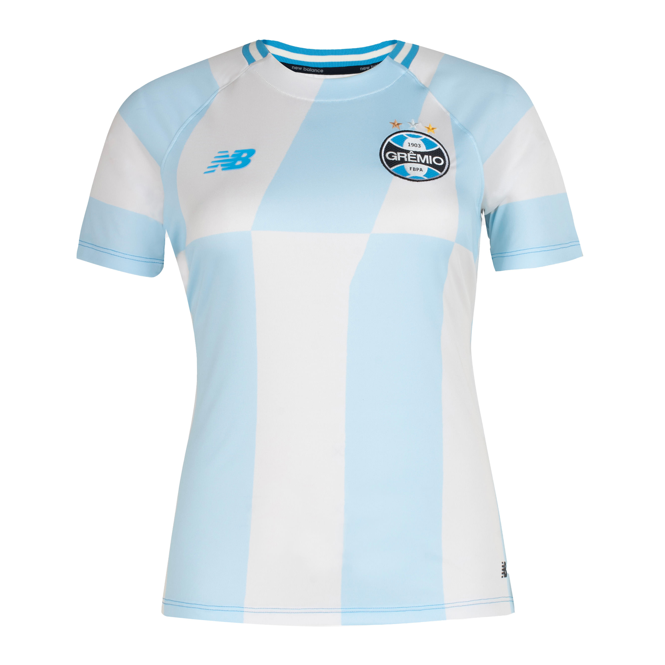Camisa feminina Grêmio New Balance azul com listras em degradê e escudo bordado